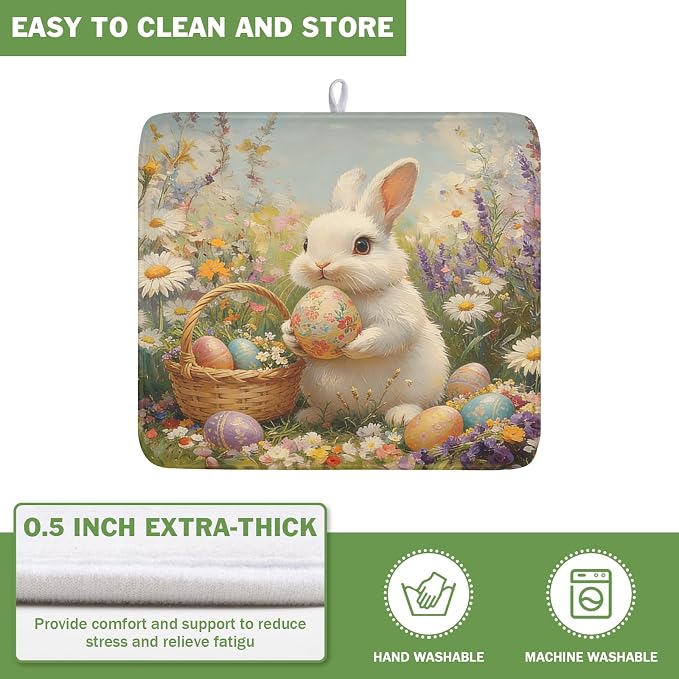 Easter Bunny Eggs Dish Drying Mat for Kitchen Counter 16 x 18 Inch Rabbit Floral Dish Drainer Mat Absorbent Microfiber Dish Rack Pad for Spring Holiday Coffee Dining Bar Decor