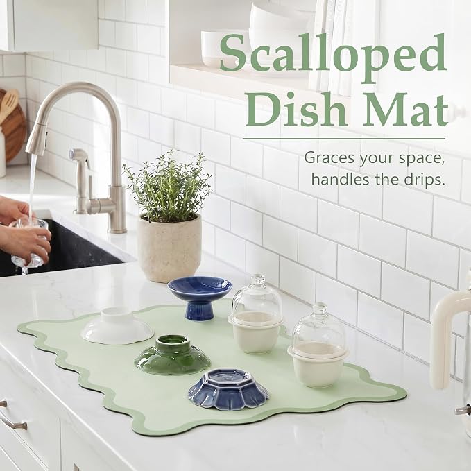 Scalloped Dish Drying Mat for Kitchen Counter, Absorbent Easy Clean Non-slip Coffee Bar Station Accessories, Trendy Cute Aesthetic Modern Drainer Kitchen Drying Mat, Sage Green 12" x 19"