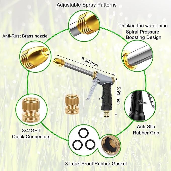 Heavy Duty Garden Hose Nozzle with Adjustable Brass Spray Tip | Heavy duty metal hose nozzle with adjustable spray, quick connect and comfort grip for watering,pet,car washing,cleaning.