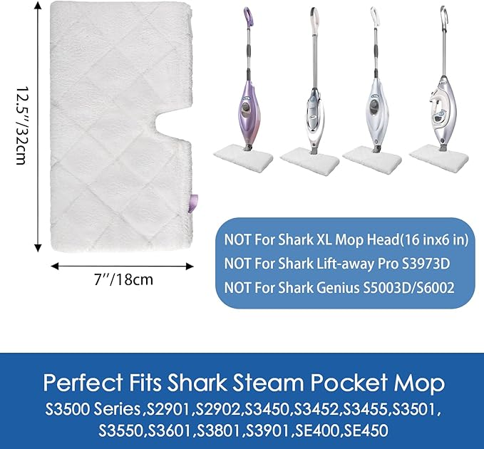 Steam Mop Replacement Pads for Shark Steam Pocket Mop S3501 S3601, 4-Pack | Steam mop pads. Fit S3550 S3901 S3801. Standard 12.5 x 7 in, not XL/S3601CO. Washable microfiber for wood, tile & laminate.