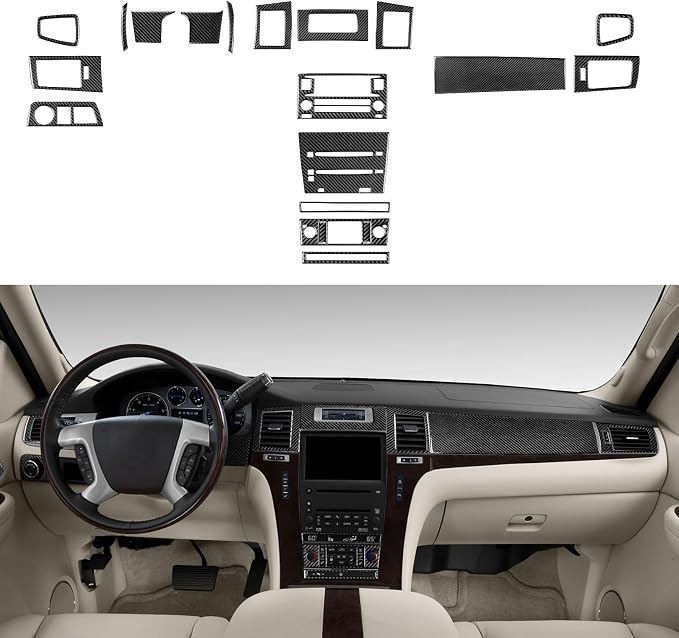 Fit for Cadillac Escalade ESV 2007-2014 / EXT Hybrid 2009-2013 | Real Carbon Fiber | Accessories | Trim Set Instrument Panel Central Console Cover | Stickers | Self-adhesive | 20PCS