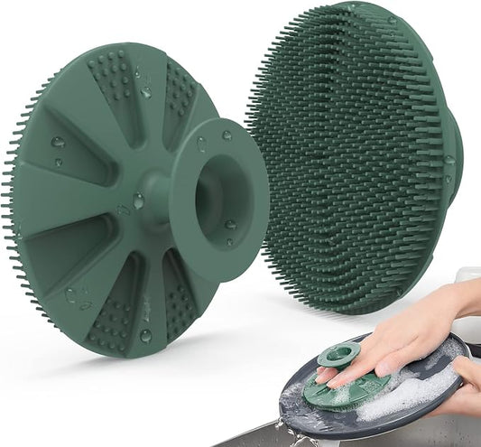 Silicone Dish Scrubber, Non-Scratch Scrub Spong for Washing Dish, Pot, Pan | Kitchen Silicone Sponge, Fruit & Vegetable Cleaning Brush, Reusable Dishwashing Scrubber, Suction Up Hang, 1 Pack, OliveGreen