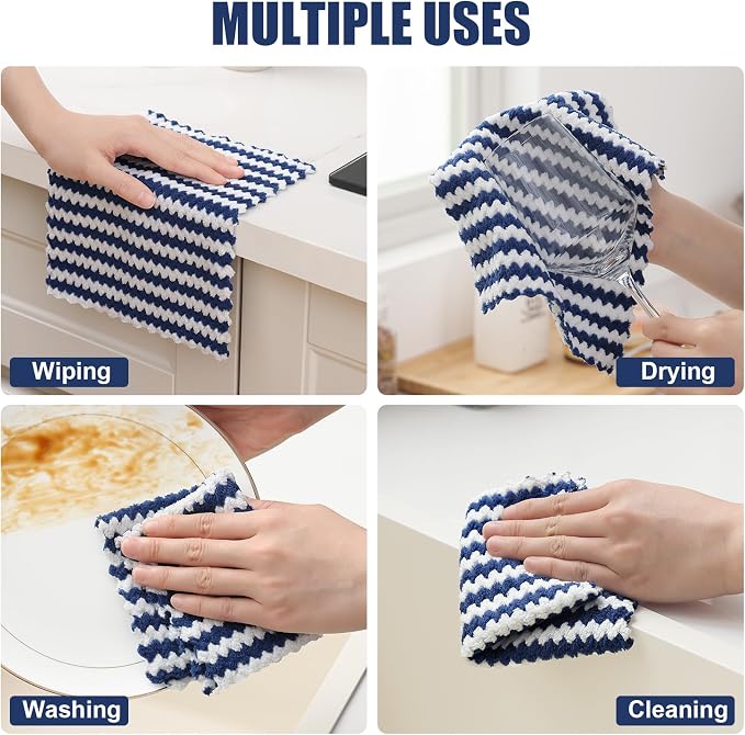 Homaxy 12 Pack Kitchen Dish Cloths, Ultra Soft and Absorbent Dish Towels, Reusable Fast Drying Microfiber Cleaning Cloth, Coral Velvet Wave Design No-lint, 7 x 9 inches, Navy Blue
