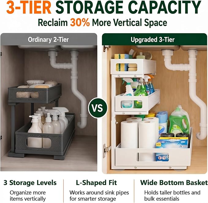 3 Tier Under Sink Organizer,1 Pack Pull Out Cabinet Shelves with Adjustable Height,Heavy Duty Carbon Steel L-Shaped Storage for Kitchen Bathroom Sink,Pantry & Laundry,White