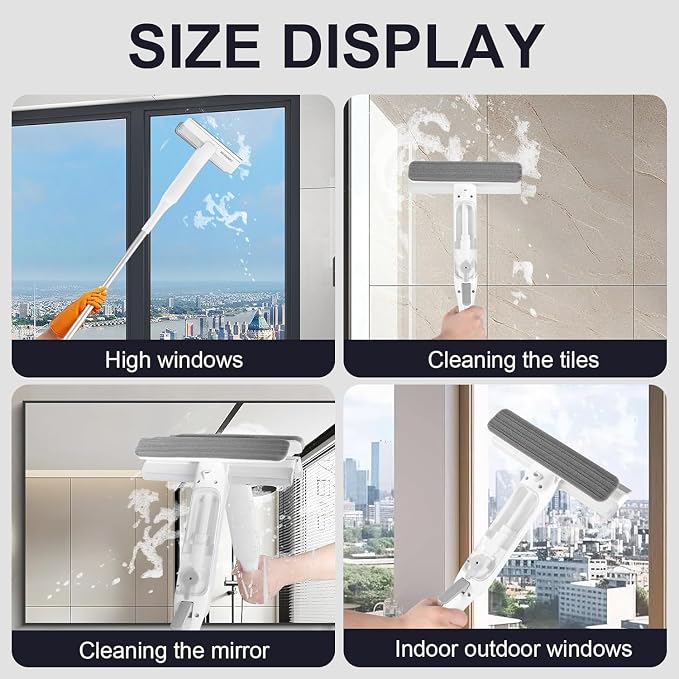 4 in 1 Window Squeegee with Wastewater Tray, Window Cleaner Tool with Spray Bottle, 70.87" Adjustable Extension Pole for Shower Glass & Car Window