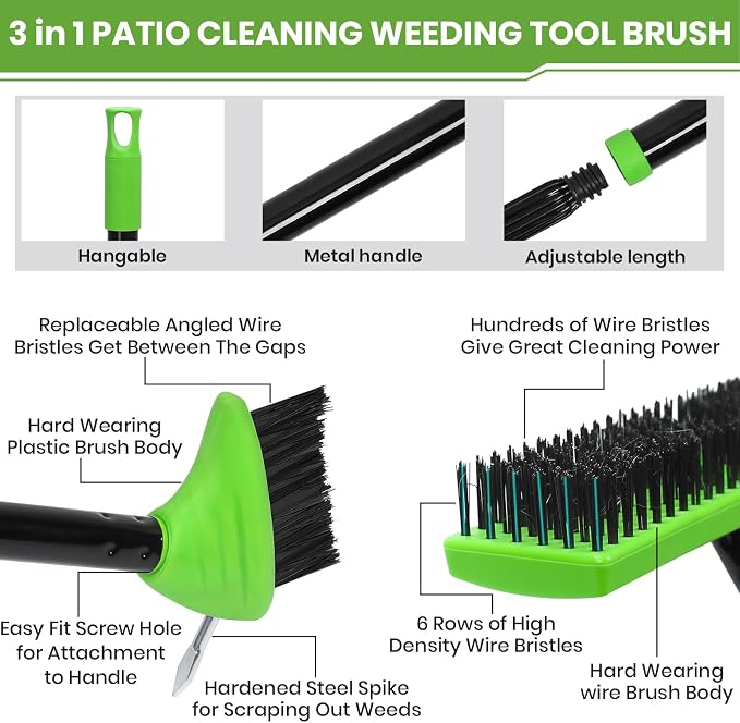 3 in 1 Weeding Wire Metal Brush Tools, Concrete Scrub Deck Brush with Long Handle for Moss, Tough Stains on Paving, Garden, Patio, Pool
