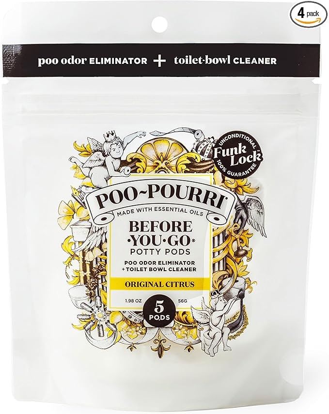 Poo-Pourri Before-You-Go 2-in-1 Toilet Potty Pods, Original Citrus, 5 Ct, Bathroom Odor Deodorizer and Toilet Cleaner with Essential Oils, Lemon, Bergamot and Lemongrass Scent (Pack of 4)