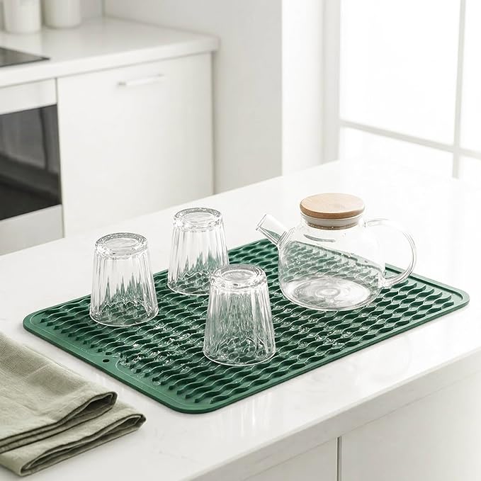 MicoYang Silicone Dish Drying Mat — Quick-Dry Ridges Counter & Sink Pad, Heat-Resistant Trivet to 450°F, Non-Slip & Dishwasher Safe, Roll-Up Storage, 18 Colors & 9 Sizes (Green, 16"×12")