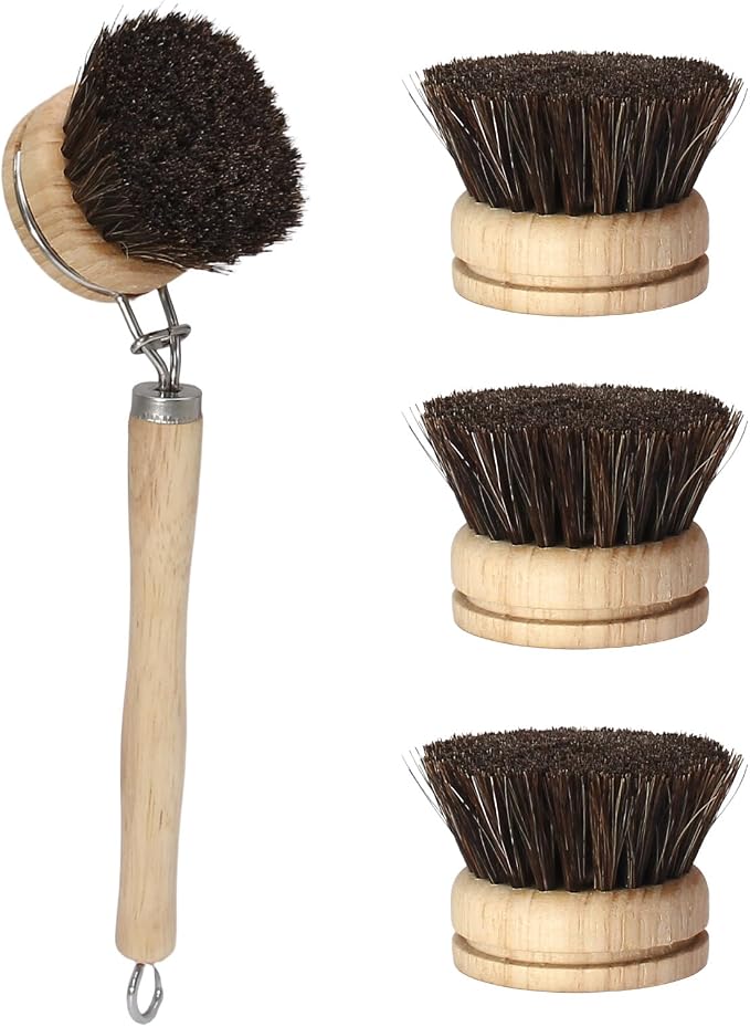 Wooden Dish Brush Set, 4 Natural Bristle Replacement Heads with 1 Sturdy Wooden Handle, Horsehair Kitchen Scrub Brush for Pots, Pans, Vegetables and Cookware