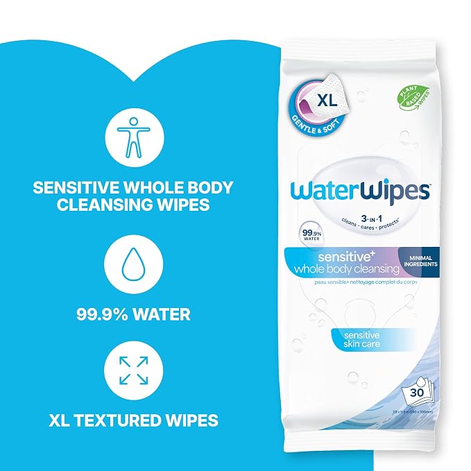 WaterWipes Sensitive Whole Body Cleansing Wipes, 99.9% Purified Water, XL Textured Wipes, Incontinence Care, Fragrance Free, 360 Count