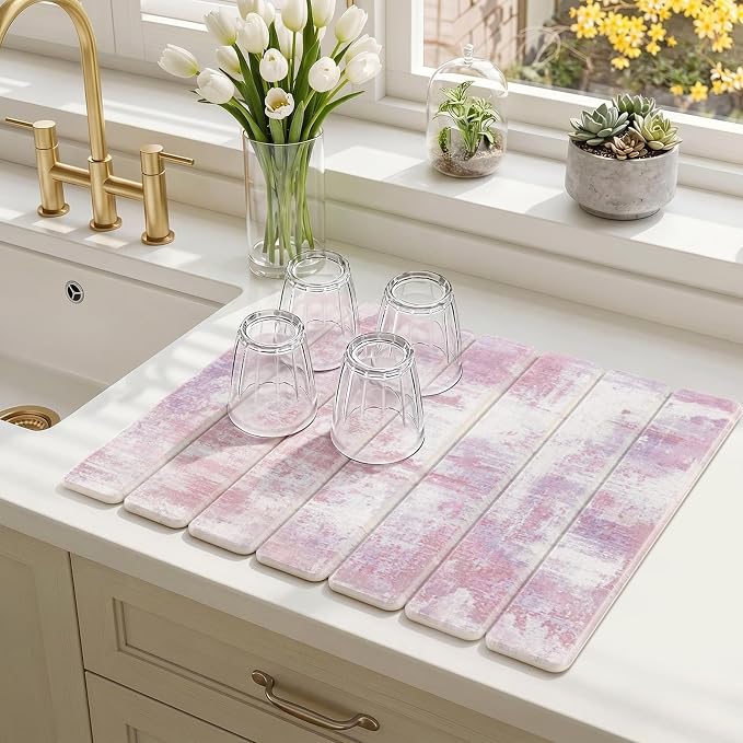 Findosom Stone Dish Drying Mat for Kitchen Counter, 15.7" × 11.8" Foldable Non-Slip Stone Drying Mat with Abstract Pattern, Heat Resistant Diatomaceous Earth Mat for Bath, Dishes, Cups, Pink