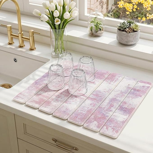 Findosom Stone Dish Drying Mat for Kitchen Counter, 15.7" × 11.8" Foldable Non-Slip Stone Drying Mat with Abstract Pattern, Heat Resistant Diatomaceous Earth Mat for Bath, Dishes, Cups, Pink