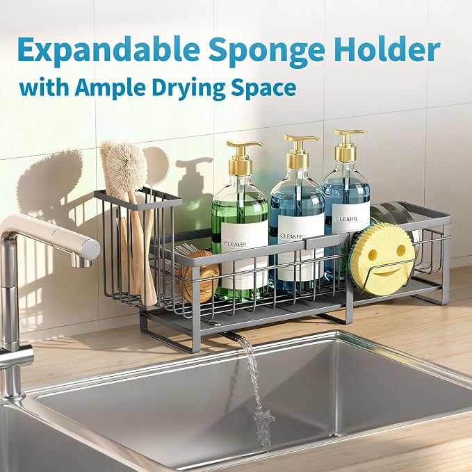 Aurblozen Extra Large Extendable Sponge Holder for Kitchen Sink, Rustproof Sink Caddy Organizer with High Brush Holder, Dish Soap Dispenser Organizers and Storage (Gray)