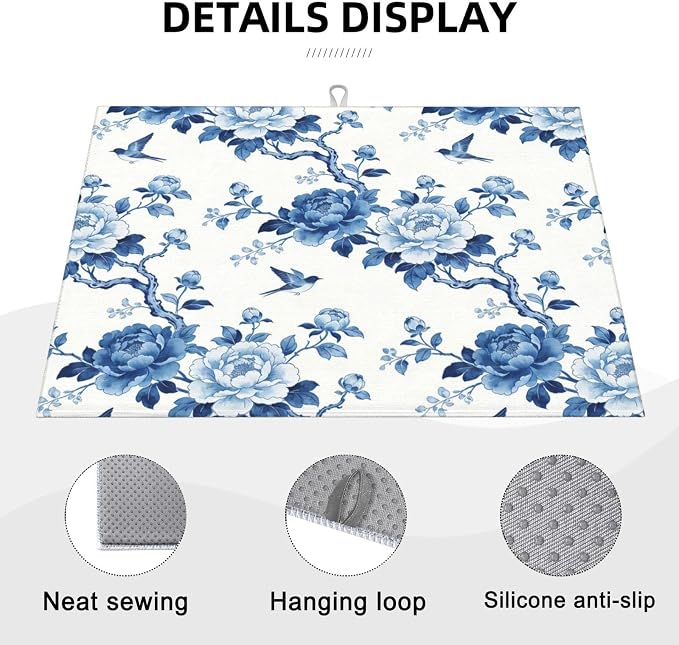 Chinoiserie Dish Drying Mat, for Kitchen Counter Microfiber Absorbent, Blue and White Dish Draining Mat Extra Large 18"x24"