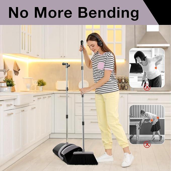 Broom and Dust Pan Combo Set,51.2" Long Handle,Charcoal | Stand up Dustpans with Broom Combo, Indoor & Outdoor Sweeping, for Home Room Kitchen Office Lobby