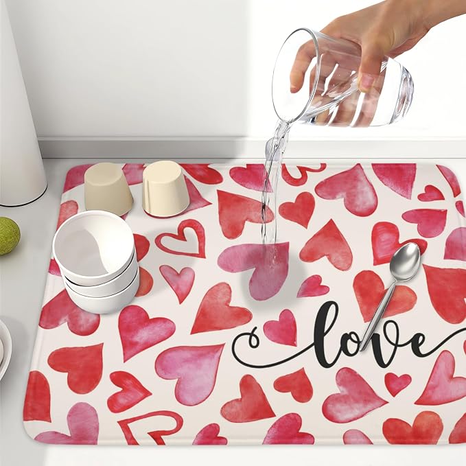 Valentine's Day Red and Pink Heart Dish Drying Mat 18x24 Inch | Polyester，Absorbent Microfiber，for Kitchen Coffee Dining Bar Decor