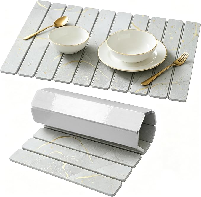Stone Drying Mat for Kitchen Counter, Quick Diatomaceous Earth Mats for Dishes, 24"L x 16" W Super Absorbent Fast-Drying Collapsible Countertop Stone Mat (Marble White Yellow, 24" x 16")