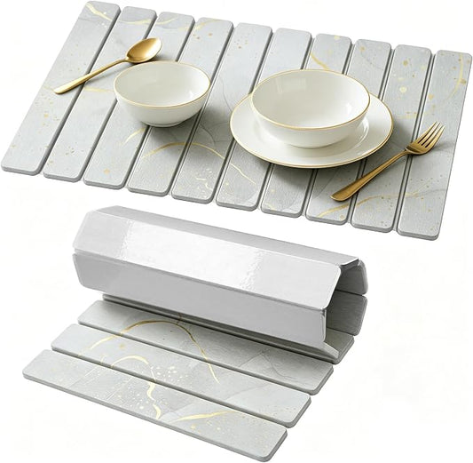 Stone Drying Mat for Kitchen Counter, Quick Diatomaceous Earth Mats for Dishes, 24"L x 16" W Super Absorbent Fast-Drying Collapsible Countertop Stone Mat (Marble White Yellow, 24" x 16")