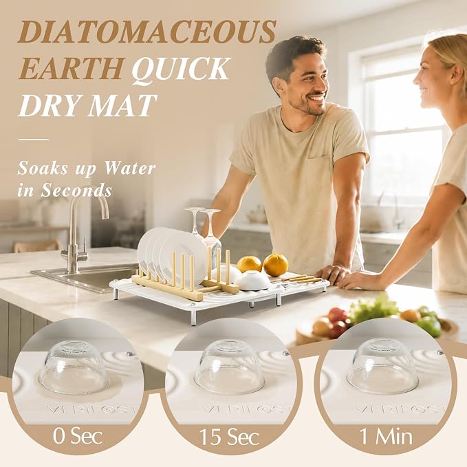 VERIFOST Nested Dish Drying Mat with Bamboo Rack for Dishes, 2Pcs Diatomaceous Earth Stone, Fast Stone Drying Mat for Kitchen Counter with Non-slip Feet, Pearl