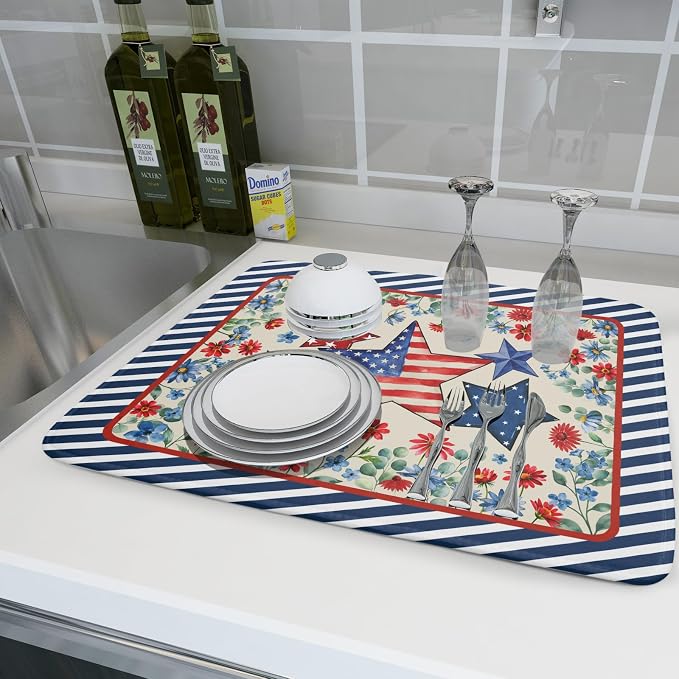 Patriotic Stars Dish Drying Mat for Kitchen Counter 4th of July Holiday Absorbent Reversible Microfiber Dish Pad Large