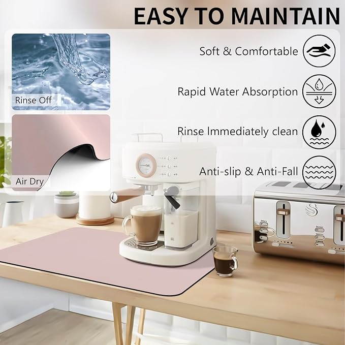 Coffee Bar Mat for Countertop, 16“ x 24” Super Absorbent Dish Drying Mat, Kitchen Counter Mat Fits Under Coffee Maker or Machine, Pink Kitchen Decor and Accessories for Dish Drying Rack