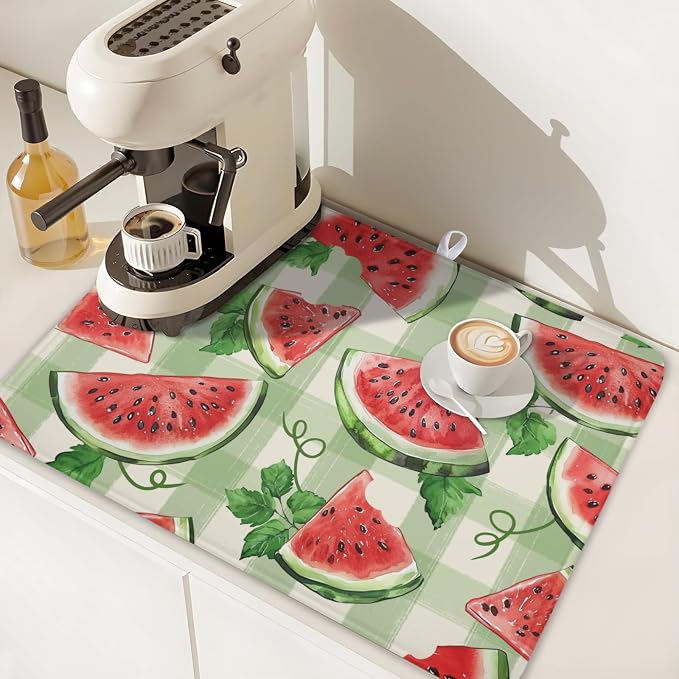 Summer Dish Drying Mat for Kitchen Counter Watercolor Watermelon Green Buffalo Plaid Microfiber Dish Drainer Mat Rustic Absorbent Washable Drying Pad Extra Large 18"x24"