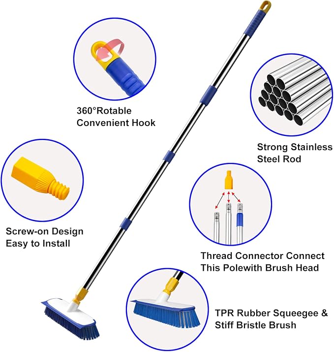 ITTAR 55" Extendable Floor Scrub Brush, 12" Wide Heavy-Duty 2-in-1 Scrub & Squeegee Deck Brush for Tile Grout Shower Floor, Kitchen, Restaurant, Patio & Garage Cleaning
