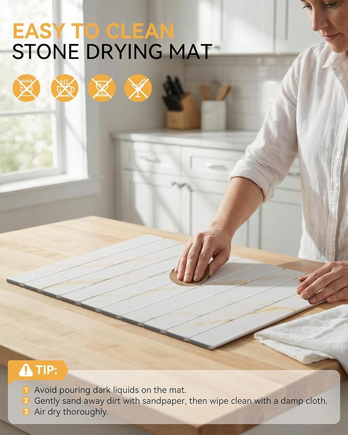 Yofidra Large Stone Dish Drying Mat for Kitchen Counter, Quick Dry Stone Mats with Absorbent Diatomaceous Earth, Foldable Roll Up Drying Organizer Pad for Utensils Plate, 24"×16", White Gold Marble