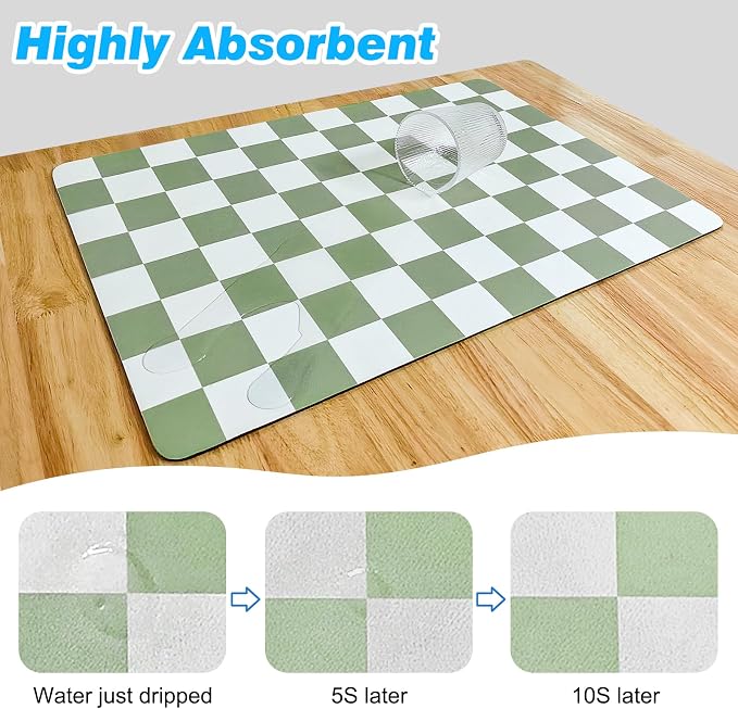 CooRug Checkered Dish Drying Mat, 12" x 20", Green | Absorbent, Leak-Proof, Non-Slip, Heat Resistant, For Kitchen Counter & Coffee Bar, Eco-friendly Materials, Easy to Clean