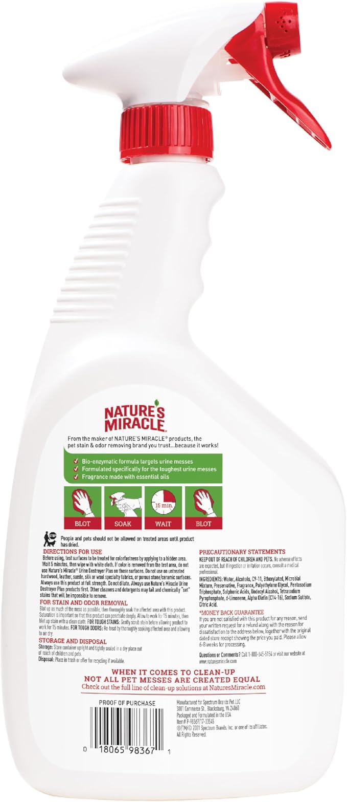 Nature’s Miracle Urine Destroyer Plus Cat,32 Ounces,Unscented,Enzymatic Formula,Ready-to-Use,(Pack of 12)