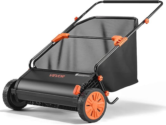 VEVOR Push Lawn Sweeper 30 in Leaf & Grass Collector 12 cu. ft. Hopper Bag | Heavy Duty Yard Sweeper with Adjustable Brush Height, Spinning Brushes, Rubber Wheels for Leaves Grass Cleanup, Black/Orange