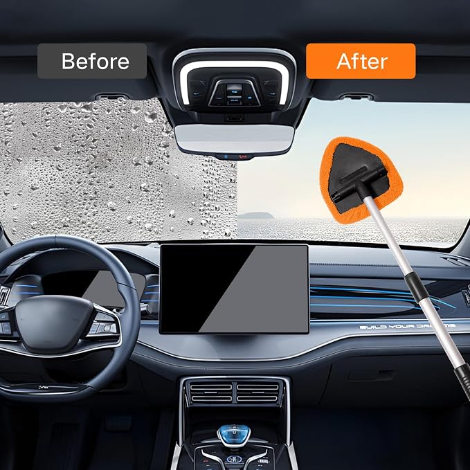 Qydipclin 11pcs Windshield Cleaner Tool, Car Window Cleaning Wash Kit with 6 Reusable Microfiber Pads 2 Spray Bottles and Extendable Handles Auto Glass Wiper Kit, Orange