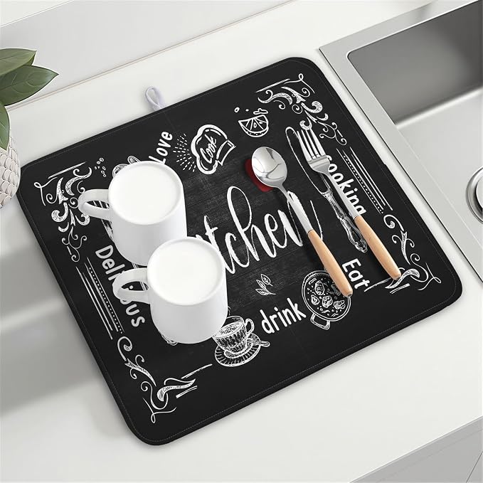 Dish Drying Mats for Kitchen Counter 16 x 18 Inch, Kitchen Drying Mat,Black Coffee Bar Dishes Pad Dish Drainer Rack Mats Absorbent Fast Dry Kitchen Accessories