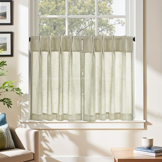 jinchan Linen Pinch Pleated Back Tab Tier Curtains, 26x30, 2 Panels, Beige | Light filtering,small window treatment,cafe curtains,machine washable,farmhouse,kitchen,bathrooms,laundry