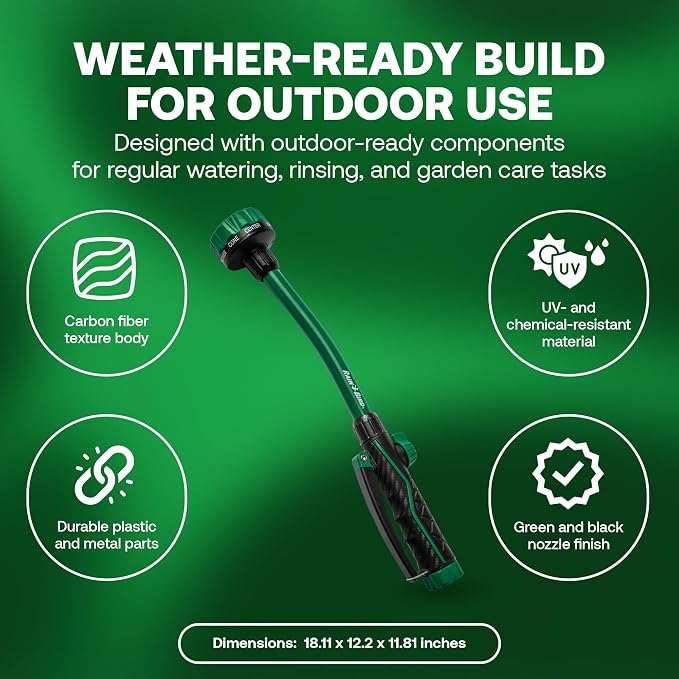 Rain Bird TRNZL8PWAND16 Watering Wand Garden Hose Nozzle, 16 Inch -Front Trigger with 8 Spray Patterns, Flow Control Knob, Trigger Lock, Non-Slip Ergonomic Grip, 3/4 Inch GHT Connection, Green & Black