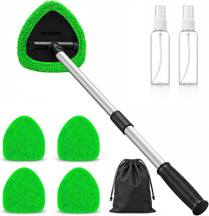 25.5" Extra-Long Reach – Super Absorbent Coral Velvet Windshield Cleaner Tool, Streak-Free Windshield Cleaning Tool Kit with 5 Pads, 2 Spray Bottles & Storage Bag for Auto Glass & Home Windows, Green