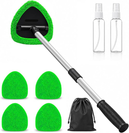 25.5" Extra-Long Reach – Super Absorbent Coral Velvet Windshield Cleaner Tool, Streak-Free Windshield Cleaning Tool Kit with 5 Pads, 2 Spray Bottles & Storage Bag for Auto Glass & Home Windows, Green