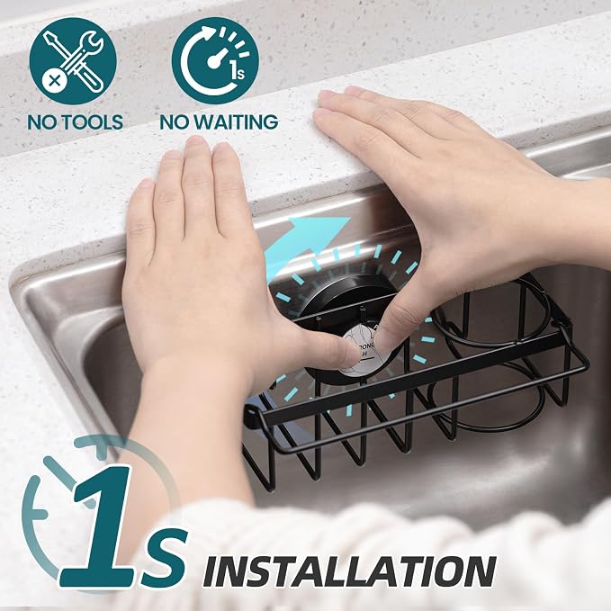 TAILI 4-in-1 Sink Caddy with Strong Suction Cup, Sponge Holder for Kitchen Sink Organizer, Removable, Rustproof, Stainless Steel Holder for Sponge, Brush, Scrubber, Scraper - Black