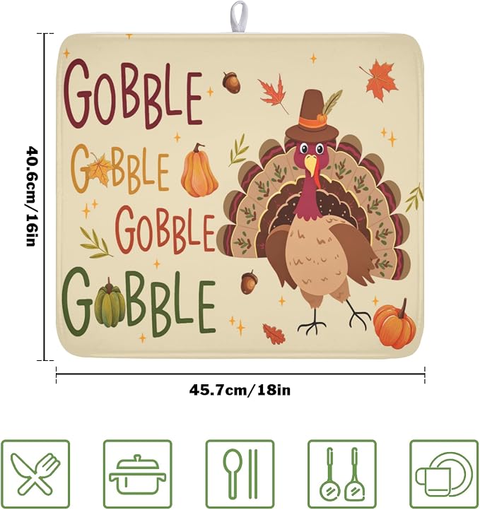 Thanksgiving Turkey Dish Drying Mat for Kitchen Counter 16x18 Inch Pumpkin Dish Drainer Mat Absorbent Microfiber Gobble Dish Rack Pad for Fall Holiday Coffee Dining Bar Decor
