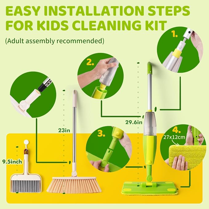 Kids Spray Mop,Toddler Mop Cleaning Set, Real Working Mini Mop & Kids Broom Dustpan Set, Housekeeping Pretend Play Toy, Montessori Kid Cleaning Toy Set Includes Organizer Clip -Green