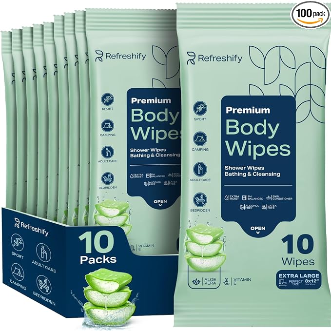 100 Large Shower Wipes – Body Wipes for Adults Bathing No Rinse – 10 Packs of 10 – Extra Moist Bath with Aloe & Vitamin E for Camping, Travel, Gym & Bedridden Care
