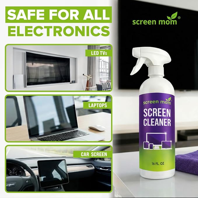 Screen Mom Screen Cleaner Spray 16oz Bottle for TV, Car, Laptop & Computer | Streak-Free Cleaning, Glass & OLED Safe, Alcohol-Free Formula, Scratch-Resistant Microfiber Cloth, Safe for Phones & Tablets