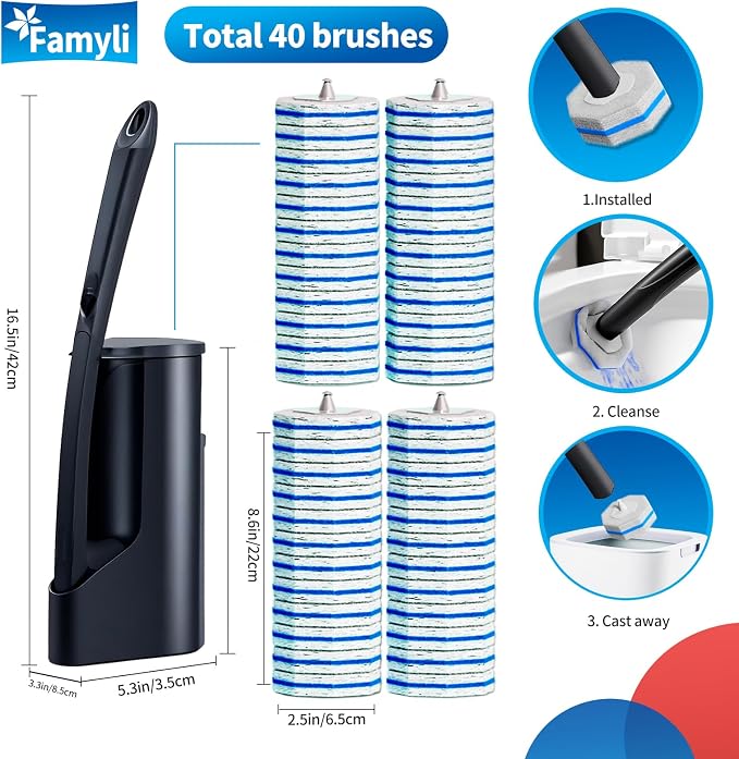 Disposable Toilet Brush - Toilet Bowl Cleaner, Toilet Cleaning Supplies, Toilet Brush with Holder, Toilet Bowl Cleaner Wands，40 Refills for Toilet Cleaning and Hygienic Bathroom Maintenance
