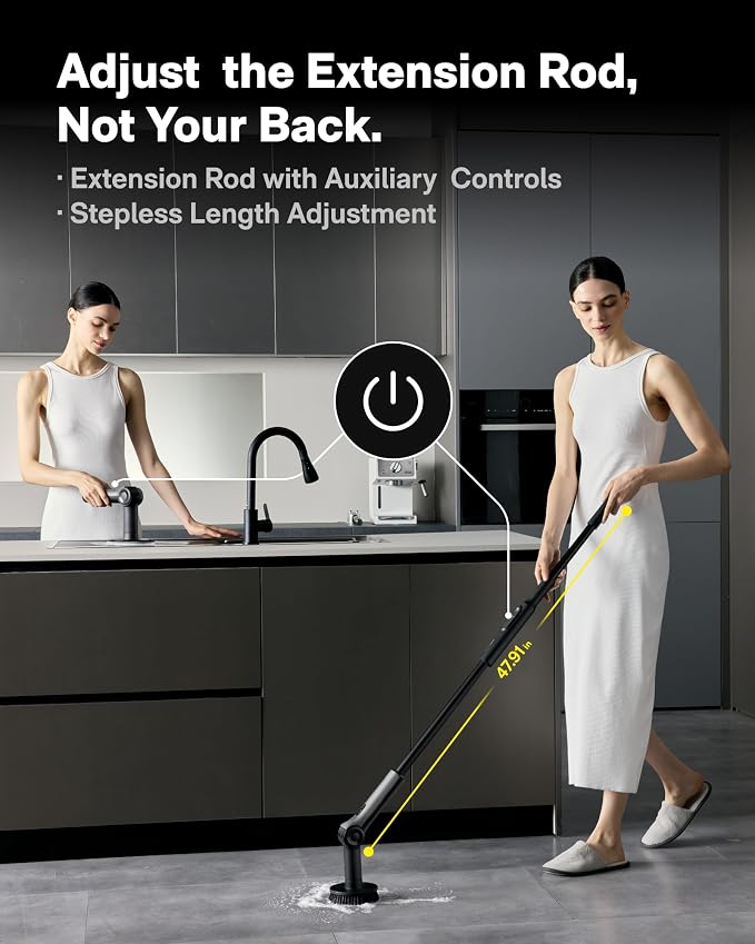 HOTO Flexi™ Cordless Electric Spin Scrubber, Adjustable Angle, Extendable Handle, Smart Display, IPX7 Waterproof, Powerful Cleaning Scrubber with 8 Replaceable Brush Heads, for Bathtub, Bathroom, Tile