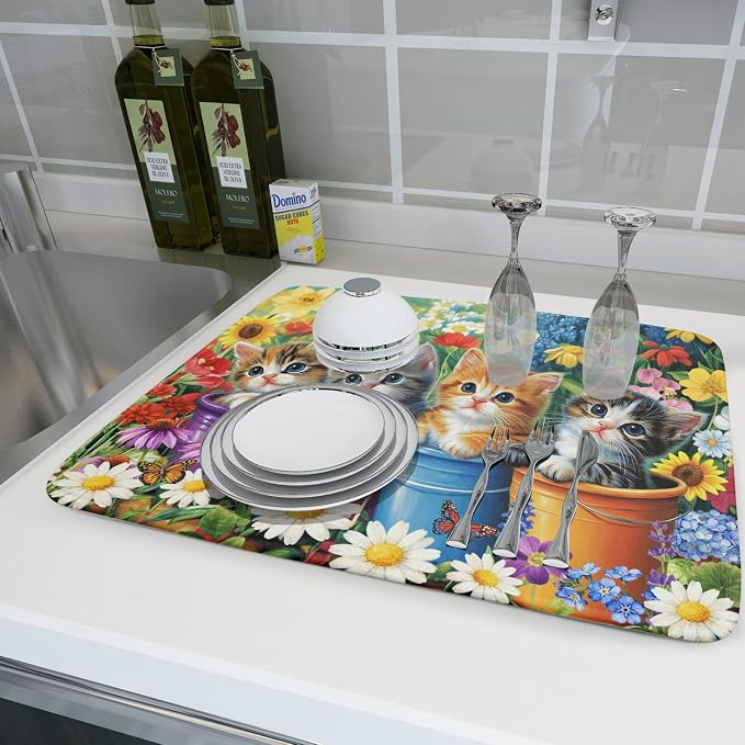Lovely Cat Drying Mat for Kitchen Counter Colorful Flower Absorbent Coffee Bar Mat 18 X 24