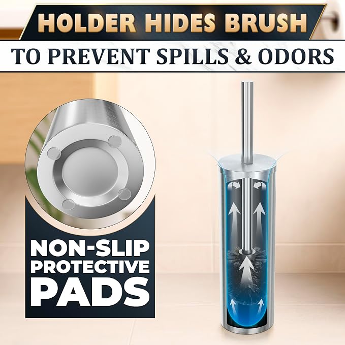 Stainless Steel Toilet Brush and Holder Set, Splash Guard (Silver) | Toilet Bowl Brush and Holder, Removable Inner Bowl, Dense Bristles, Long Handle, Scratch Resistant, for Modern Bathrooms