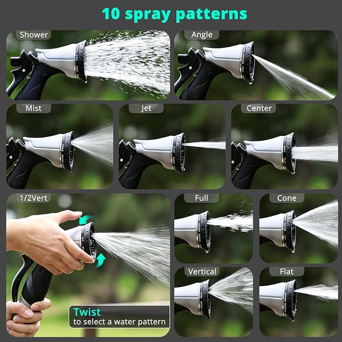 QUOBAS Metal Garden Hose Nozzle, Heavy Duty Water Hose Sprayer, Leak Proof | 10 Pattern Water Nozzle with Rubber Gasket, Garden Sprayer for Watering Plants, Washing Cars, Pet Shower, Black, 2-Pack