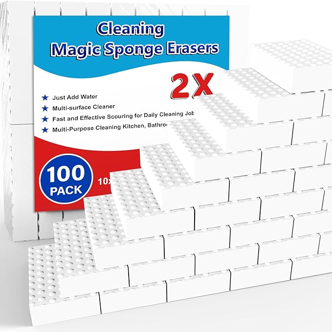 SmilinFit Magic Sponge Erasers, 100 Pack 2X Density Stronger Melamine Sponge Foam Pads, Multi-Functional Household Cleaning Cleaner for Kitchen, Bathroom, Bathtub, Sink, Wall Cleaner