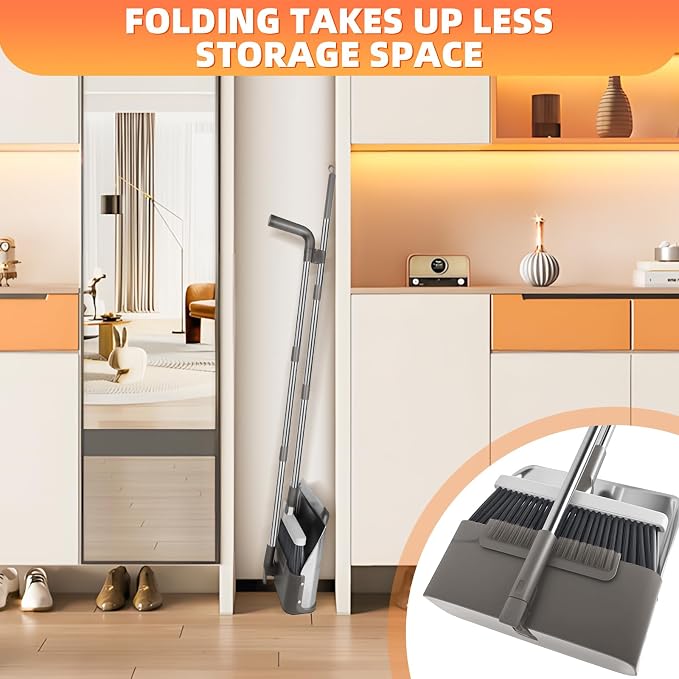 Broom with Dustpan Combo Set, Lightweight Standing Metal Dust Pan with Teeth, Home Essentials Suitable for Home Kitchen Lobby Room Office, Grey
