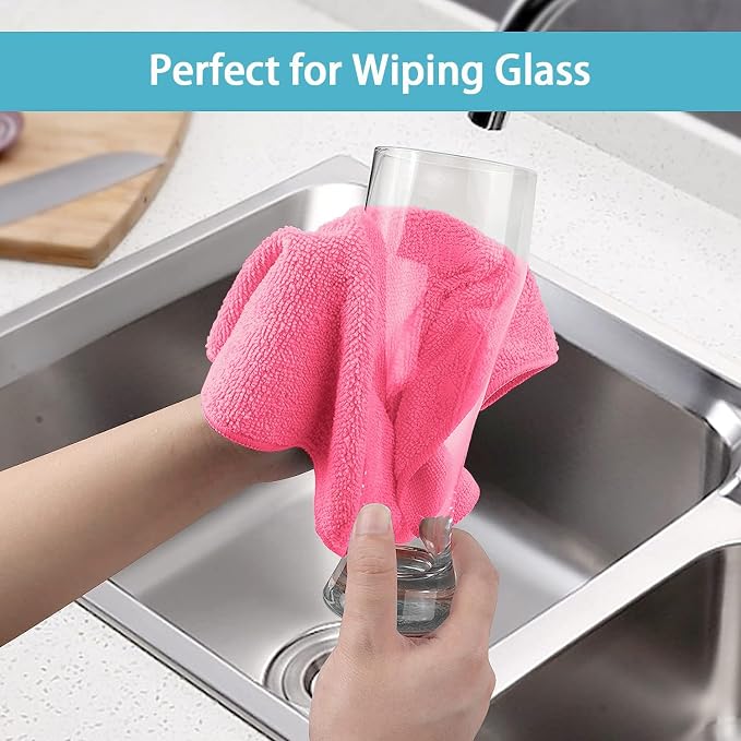 HOMEXCEL 8PK Microfiber Cleaning Cloth, Cleaning Rags for Home, 11.5x11.5in | Reusable, Lint Free, Scratch-Free and Highly Absorbent Towels for Kitchen, Window and Glass, Cars, Pink